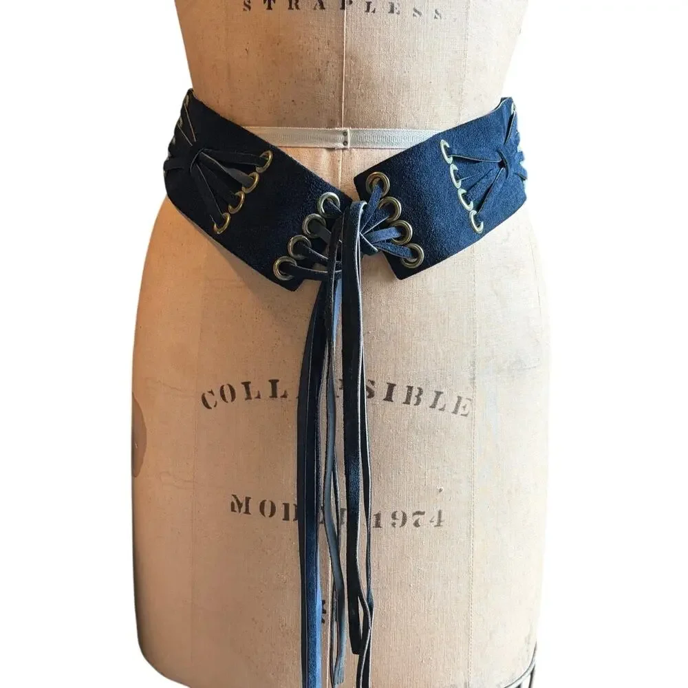 Navy Blue Suede Corset Obi Belt Wide Lace Up Fringe Boho 28